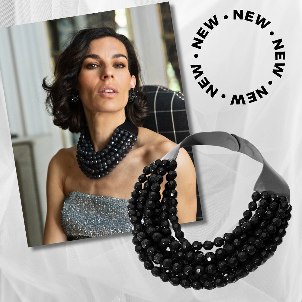 NEW Stunning Faceted Beaded 7-Strand Bib Statement Necklace in Raven Black